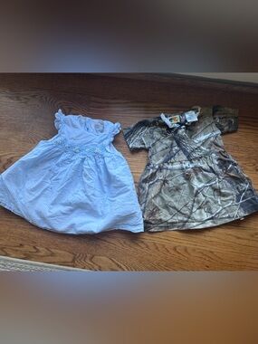 Bass Pro Shop Camo Print Dress and Seer Sucker Smocked Sundress 12-18 months